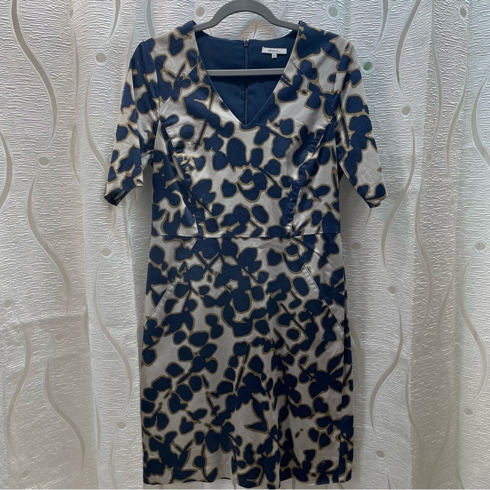 Sandwich Navy Blue Beige Floral‎ Print V-Neck Knee Length Sheath Dress Size 38